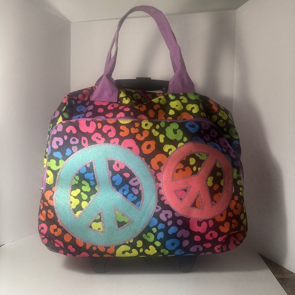 Justice Brand Rainbow Color Peace Sign Rolling Travel Bag Pre-owned‎